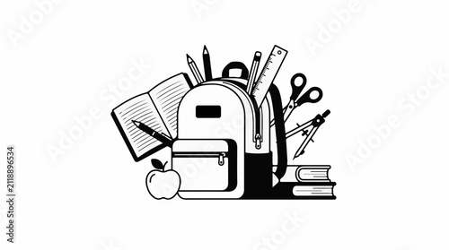 A black and white illustration of school supplies arranged around a backpack (1)
