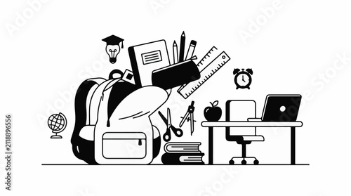 A black and white illustration of school supplies and a desk