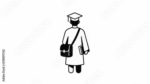 A black and white illustration of a student in academic regalia holding a book