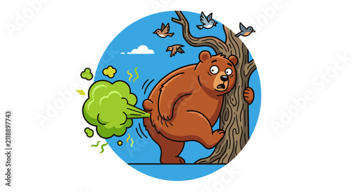 Funny Bear Farting Behind Tree Cartoon Illustration.