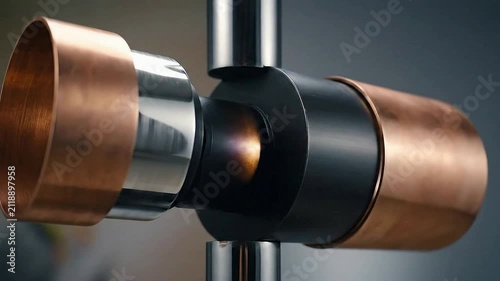 Close-Up View of Industrial Metal Connector with Copper Components in Studio Setting with Blurred Background