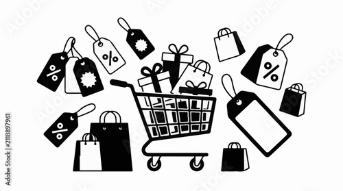 A black and white illustration of a shopping cart filled with gifts and bags