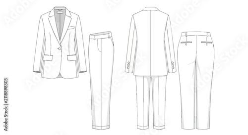 Professional Women Blazer Jacket and Trousers Suit Fashion Technical Flat Sketch Template Design Outlines