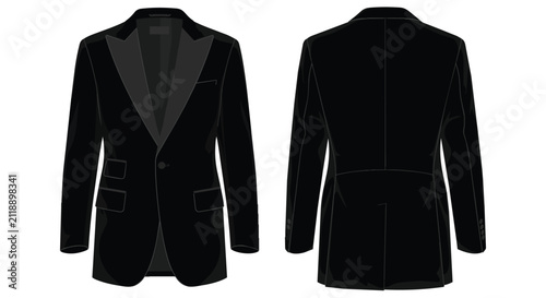 Elegant Black Men's Formal Suit Jacket and Blazer Front and Back View Template for Professional Fashion Design