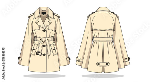 Classic Beige Women Trench Coat Fashion Flat Sketch Template Front and Back View Outerwear Design Illustration