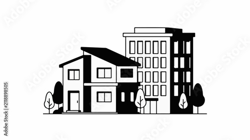 A black and white illustration of a residential house adjacent to a tall building