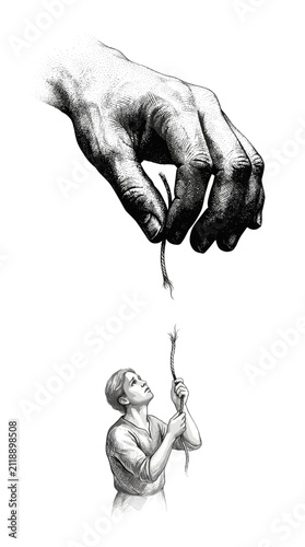Giant hand offers a small plant sprout to a person.