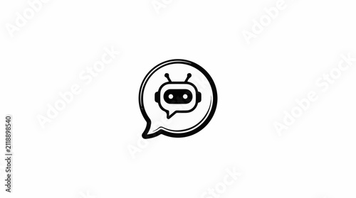 A black and white graphic icon of a robot's head inside a speech bubble