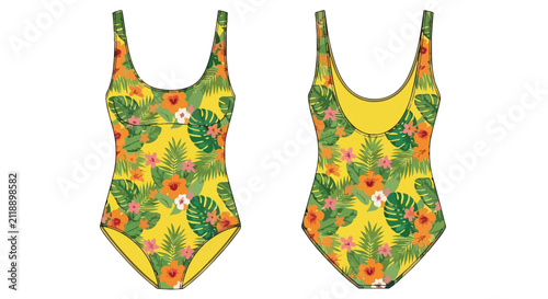 Yellow One Piece Swimsuit Mockup Set with Tropical Palm Leaf and Hibiscus Flower Pattern for Summer Beachwear Design