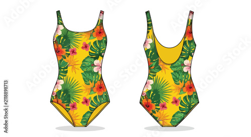 Women One-Piece Swimsuit Mockup with Summer Tropical Floral Pattern and Palm Leaves on Yellow Front and Back Views