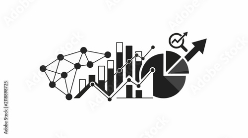 A black and white graphic depicts data analysis with charts and a network