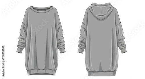 Grey Oversized Hoodie Dress Technical Drawing Flat Sketch Front and Back View Fashion Design Template