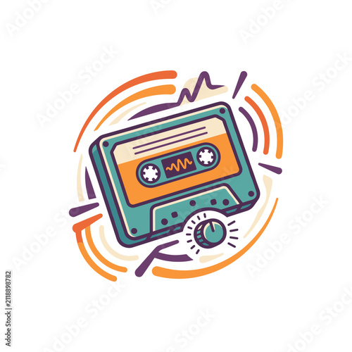 Retro cassette tape with sound waves and volume knob illustration.
