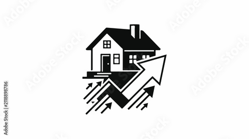 A black and white illustration of a house with arrows indicating upward growth