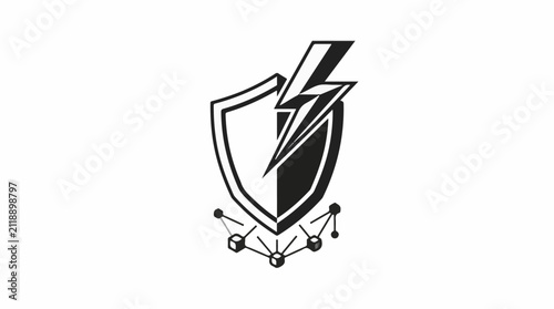 A black and white graphic depicts a shield with a lightning bolt