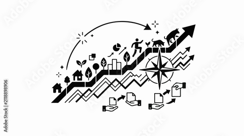 A black and white graphic depicting growth progress and data visualization