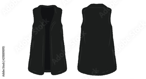 Front and Back View of a Black Sleeveless Vest Gilet Jacket Mockup for Technical Fashion Design Template