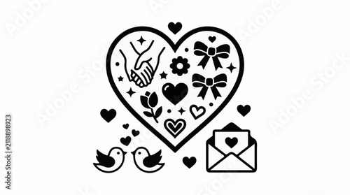 A black and white graphic depicting a heart filled with love symbols and romantic imagery