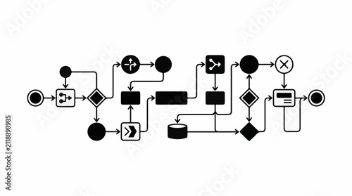 A black and white flowchart shows a complex process with various symbols