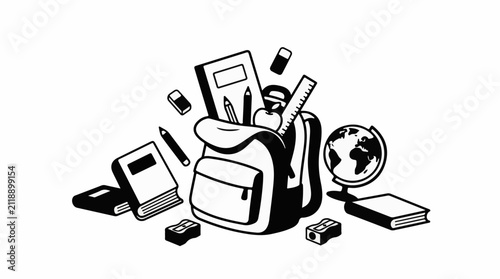 A black and white illustration of a backpack filled with school supplies (3)