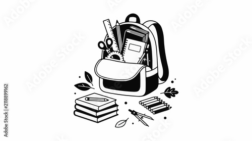 A black and white illustration of a backpack filled with school supplies (1)