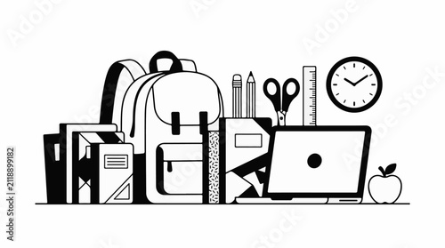 A black and white illustration of a backpack books pencils scissors laptop ruler clock and apple
