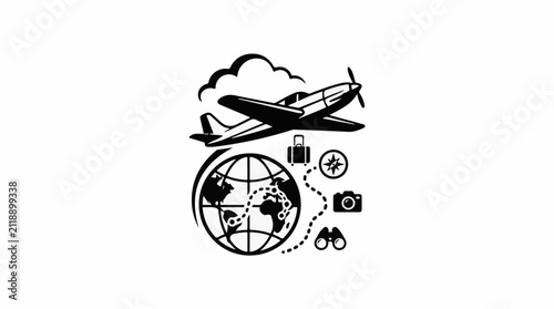 A black and white illustration depicting global travel with an airplane and iconic travel items