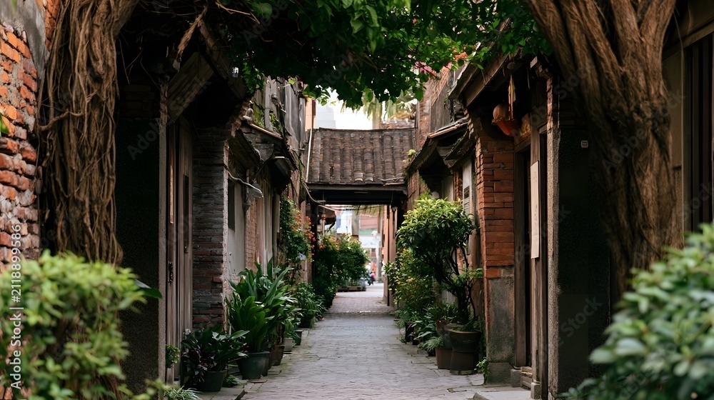 Fototapeta premium A narrow alleyway lined with brick buildings and lush greenery overhead creating a serene and historic atmosphere