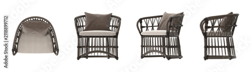 Fotografie Elegant rattan armchair with plush cushions for stylish outdoor seating
