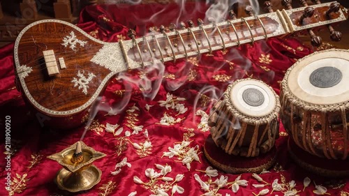 Sitar and Tabla with Incense and Oil Lamp - Traditional Indian Music Instruments