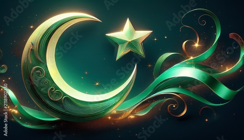 green crescent moon and star with flowing ribbons and sparkles on a dark background