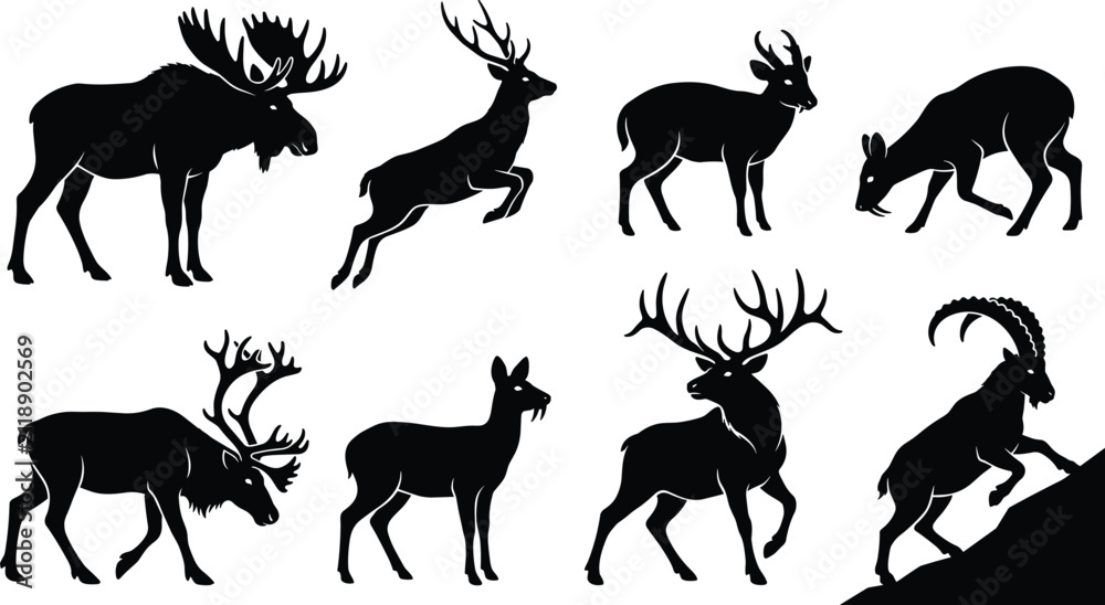 Obraz premium Deer and horned animal silhouette set featuring moose reindeer ibex and stag vector shapes