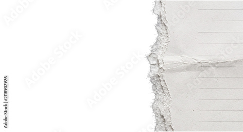 White torn ruled notebook paper with punched binder holes, ripped fibrous edge and realistic paper creases, isolated on transparent background