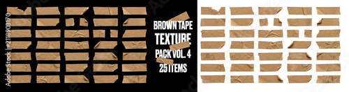 Brown adhesive tape strips collection, realistic kraft paper tape textures with wrinkled edges and ripped corners, isolated set of decorative scrapbook elements for collage, paper art, and graphic