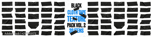 Fotografie Black cloth tape strips collection, adhesive duct tape pieces with realistic fabric texture