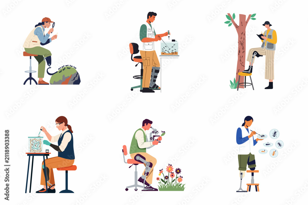 Fototapeta premium Diverse entomologists with prosthetic limbs conducting scientific research on ants in various settings, highlighting disability inclusion and accessibility in STEM careers.