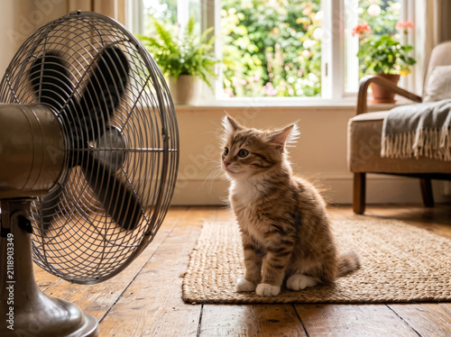 A cute tabby kitten sitting in front of a cooling electric fan on a sunny day in a cozy home interior