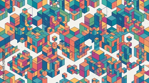 Colorful Isometric 3D Cubes Abstract Geometric Pattern, Vibrant Voxel Block Background for Modern Digital Design