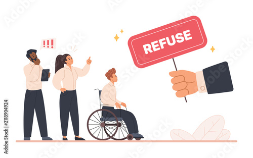 фотографія Office workers react as a disabled colleague in wheelchair faces unfair refusal