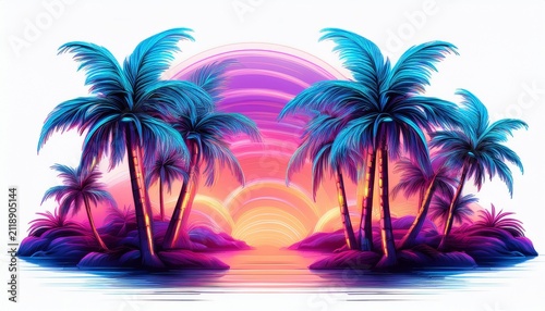 neon sign palm trees vibrant tropical illumination isolated on white or white background