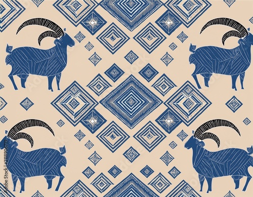 seamless ethnic pattern featuring stylized blue goats and geometric diamond shapes on a light beige background for textile printing