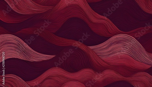 seamless pattern featuring stylized wavy mountain ranges in deep shades of burgundy purple and dark red with smooth flowing contour lines