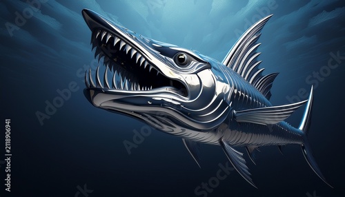 silver barracuda head with sharp open jaws
