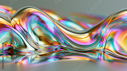 Liquid mercury surface transforming into an iridescent soap bubble landscape with rainbow reflections, creating a surreal abstract fluid background.