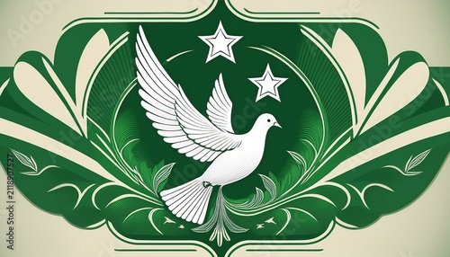 stylized dove with crescent moon and star on green and white background national symbol