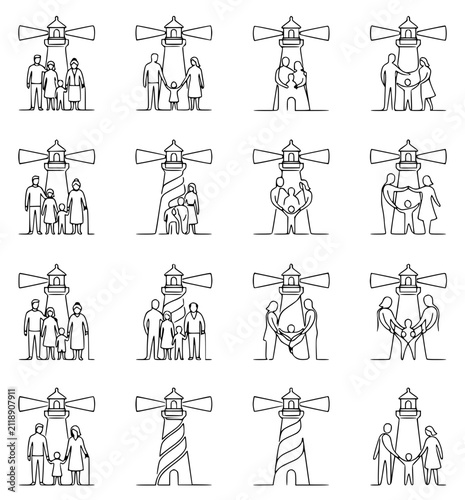 Continuous Line Art Family Icons with Lighthouse Symbolizing Guidance and Protection