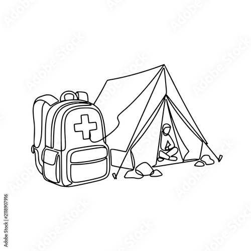 First Aid Camping Gear: Tent, Backpack with Medical Cross, Person Inside