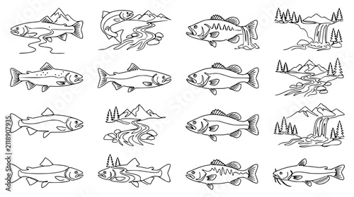 Collection of Hand-Drawn Fish and Mountain Scenery Illustrations
