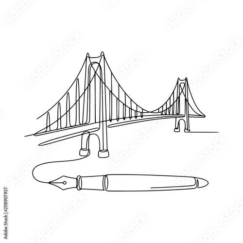 Suspension bridge drawn with continuous pen line art and fountain pen