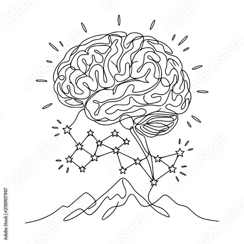 Continuous Line Art Brain Above Mountains and Stars, Symbolizing Ideas and Cognition